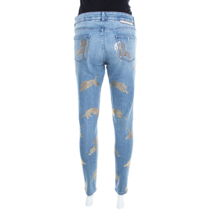 Pre Owned Stella McCartney Indigo Wild Cat Foil Printed Denim Skinny Ankle Jeans M