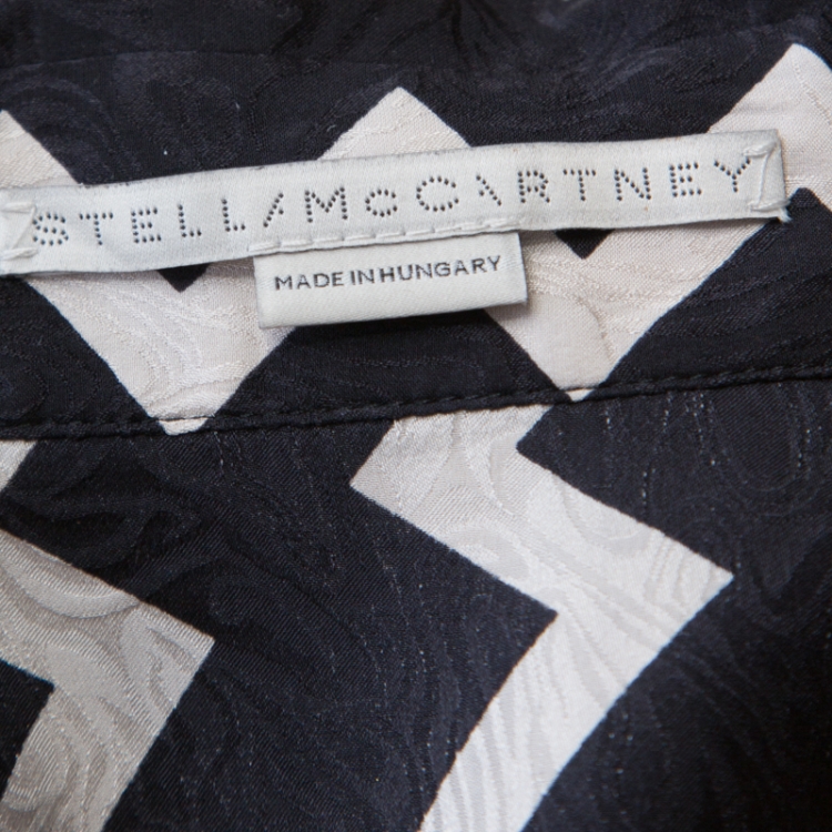 Pre Owned Stella McCartney Black & White Chevron & Stripes Printed Silk Moire Shirt M 
