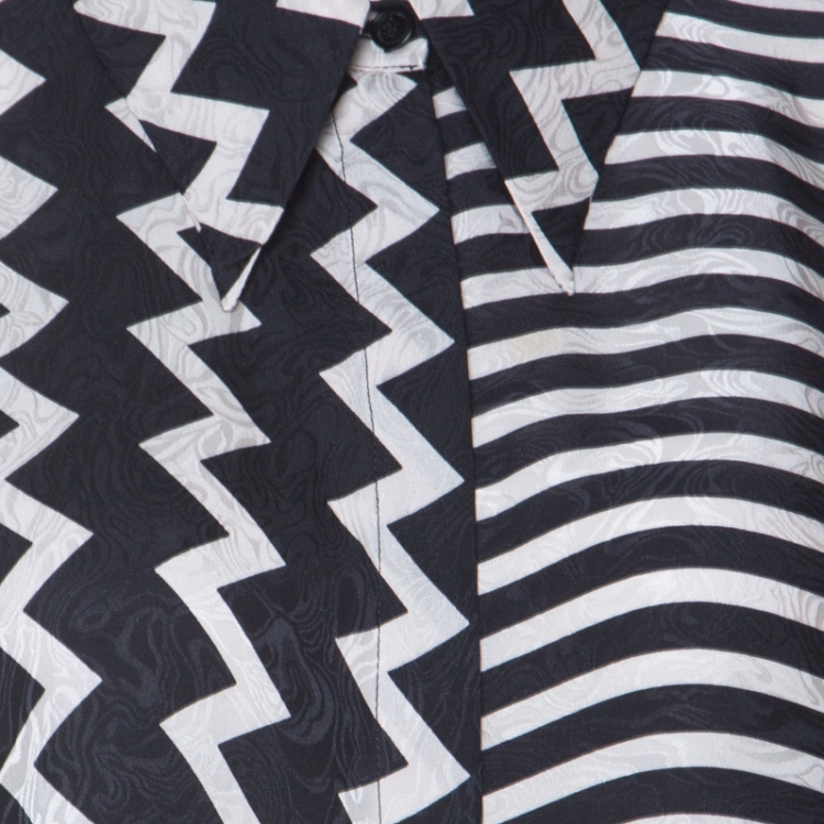 Pre Owned Stella McCartney Black & White Chevron & Stripes Printed Silk Moire Shirt M 