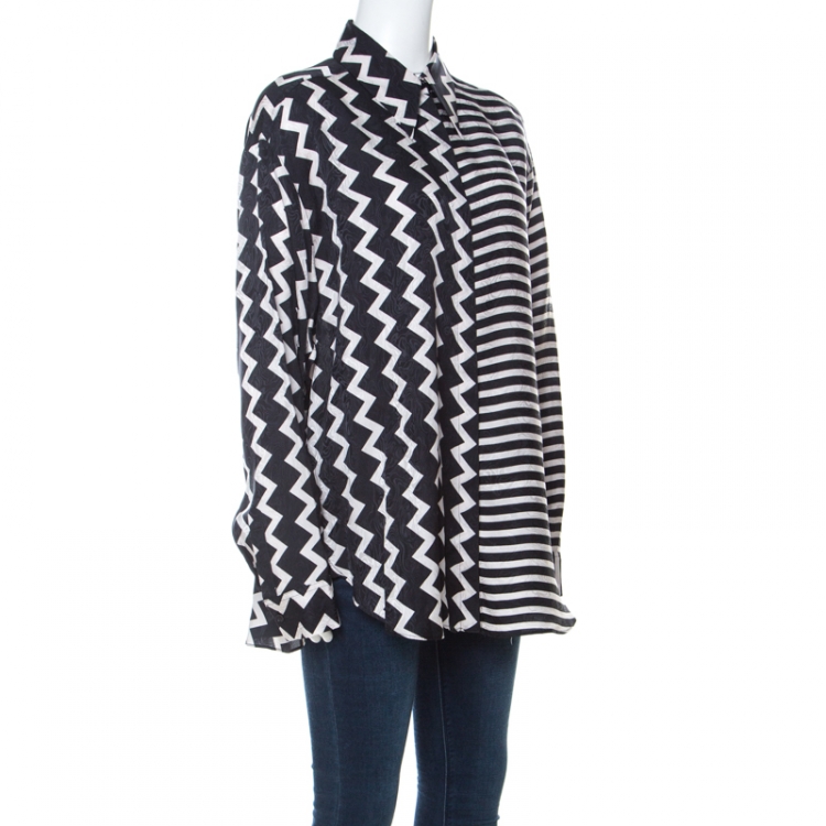 Stella McCartney Black & White Chevron & Stripes Printed Silk