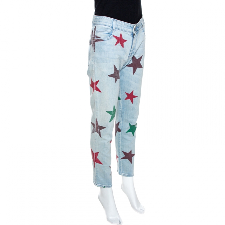 Pre Owned Stella McCartney Blue Star Print Faded Denim Boyfriend Jeans S