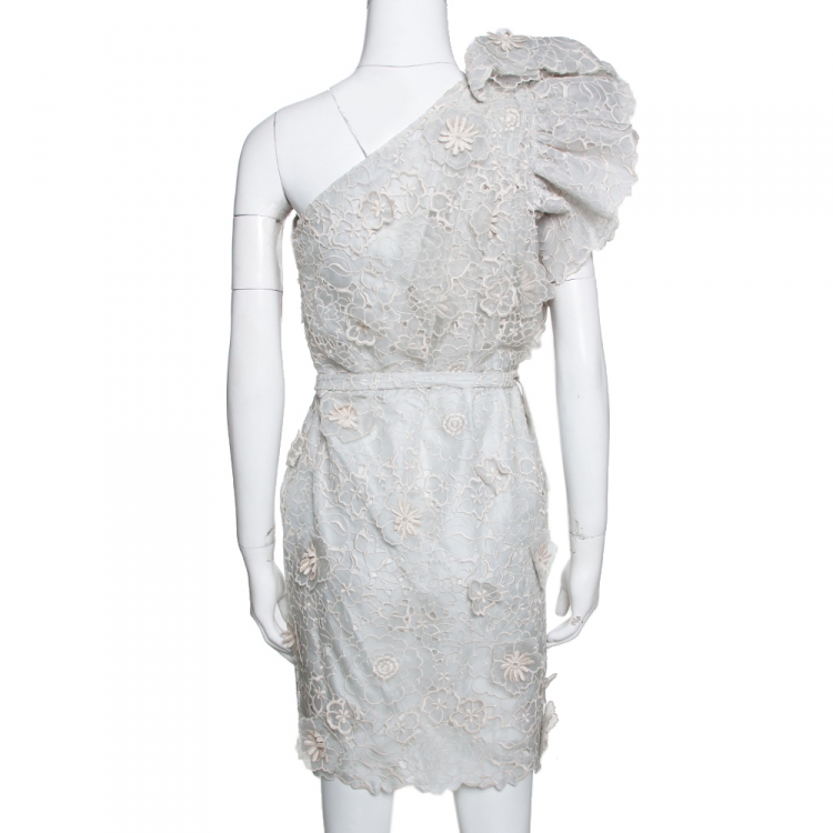 Pre Owned Stella McCartney Pale Grey Floral 3D Lace Rosea One Shoulder Dress M