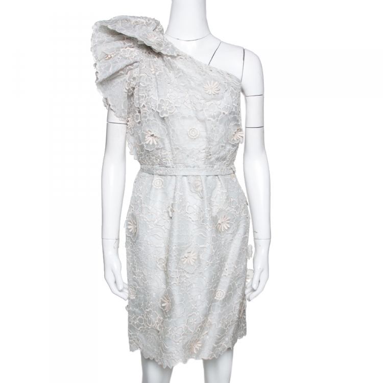 Pre Owned Stella McCartney Pale Grey Floral 3D Lace Rosea One Shoulder Dress M