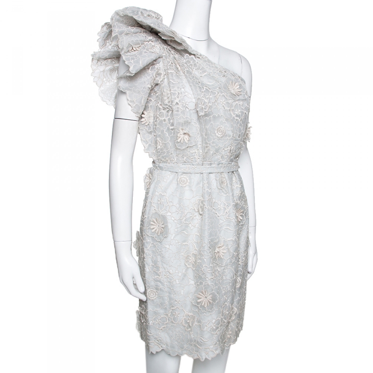 Pre Owned Stella McCartney Pale Grey Floral 3D Lace Rosea One Shoulder Dress M