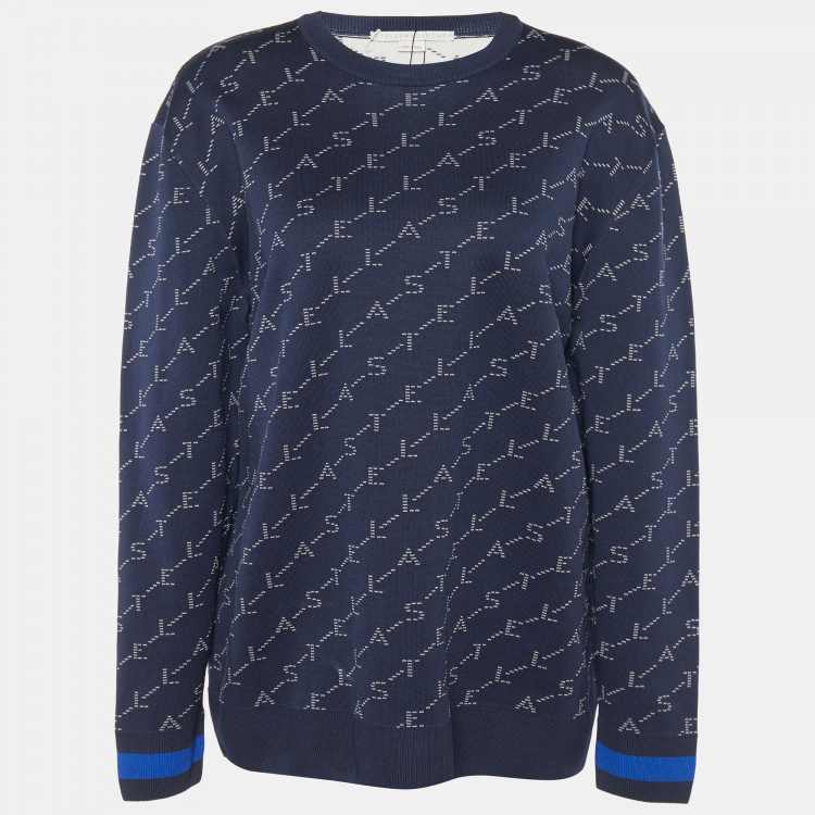 Pre Owned Stella McCartney Navy Blue Logo Intarsia Cotton Knit Crewneck Sweatshirt S