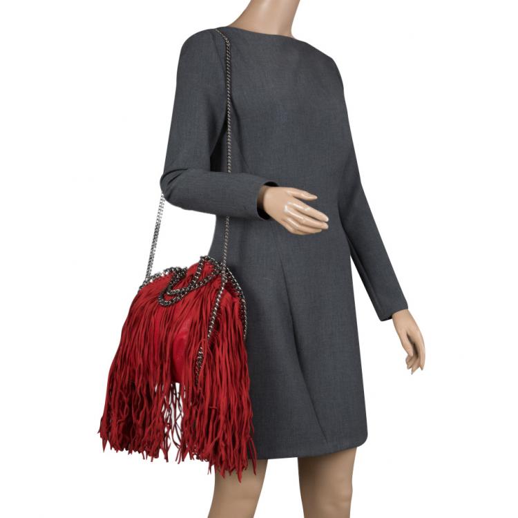 Pre Owned Stella McCartney Red Faux Leather Mini Falabella Fringe Tote