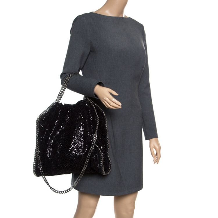 Pre Owned Stella McCartney Black Sequins and Velvet Small Falabella Tote