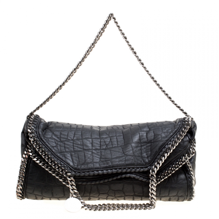Pre Owned Stella McCartney Black Croc Embossed Faux Leather Small Falabella Tote