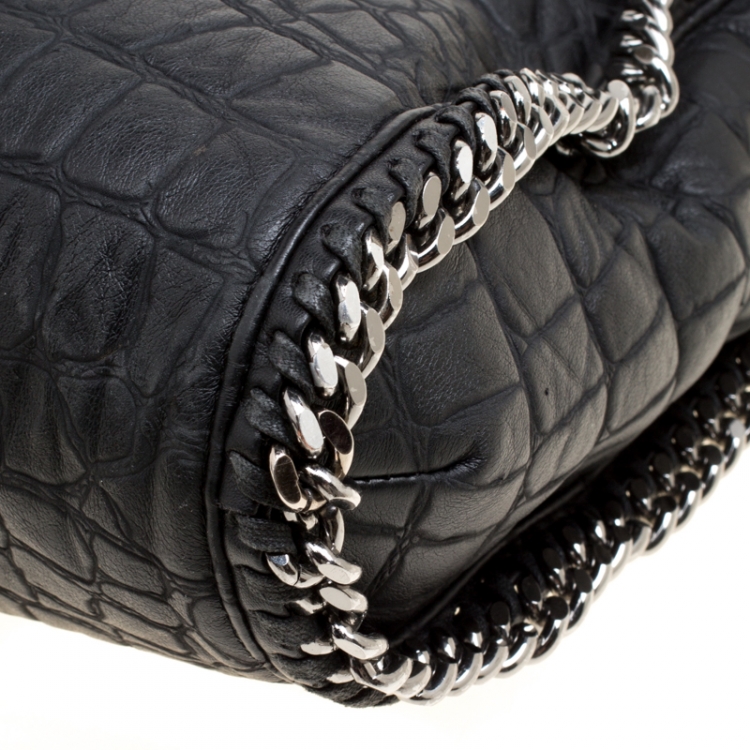 Pre Owned Stella McCartney Black Croc Embossed Faux Leather Small Falabella Tote