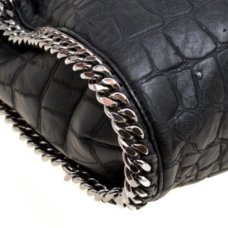 Pre Owned Stella McCartney Black Croc Embossed Faux Leather Small Falabella Tote