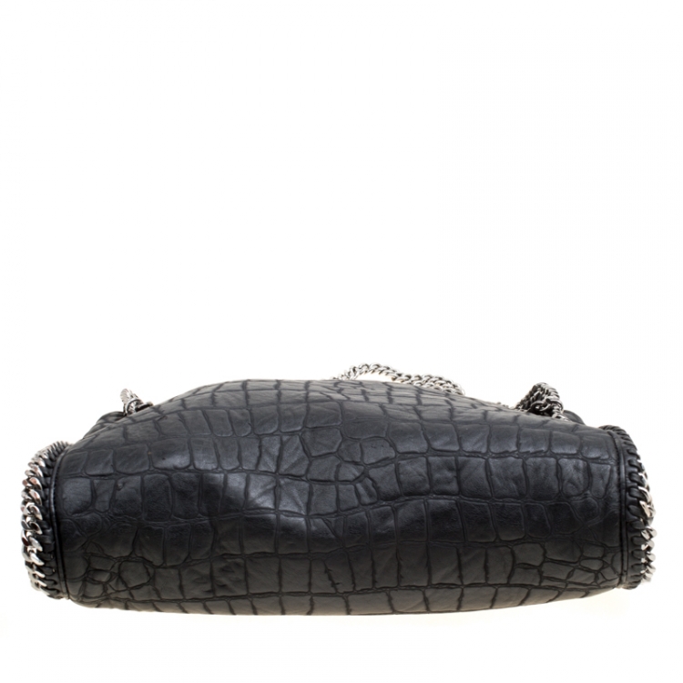 Pre Owned Stella McCartney Black Croc Embossed Faux Leather Small Falabella Tote