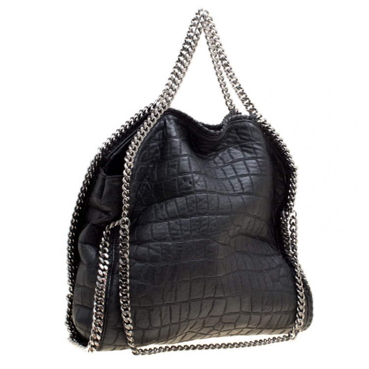 Pre Owned Stella McCartney Black Croc Embossed Faux Leather Small Falabella Tote