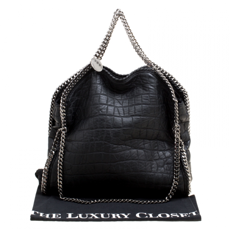 Pre Owned Stella McCartney Black Croc Embossed Faux Leather Small Falabella Tote