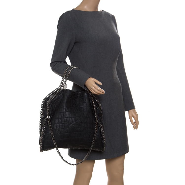 Pre Owned Stella McCartney Black Croc Embossed Faux Leather Small Falabella Tote