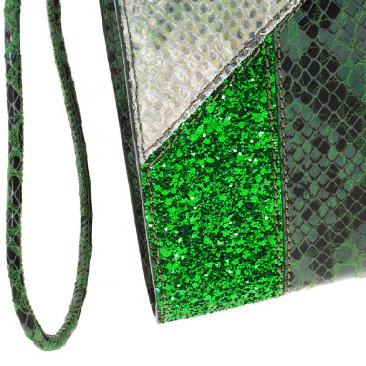 Pre Owned Stella McCartney Loretta ‘Waverly’ Exotic Skins Patchwork Green Clutch