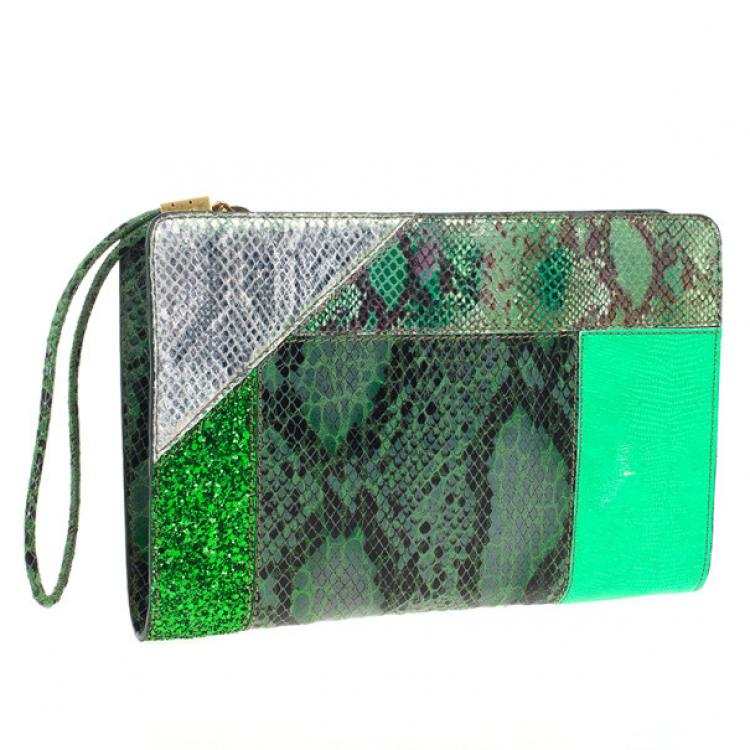 Pre Owned Stella McCartney Loretta ‘Waverly’ Exotic Skins Patchwork Green Clutch