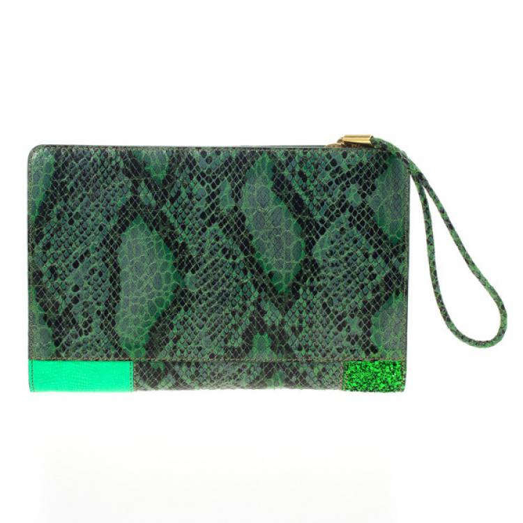 Pre Owned Stella McCartney Loretta ‘Waverly’ Exotic Skins Patchwork Green Clutch