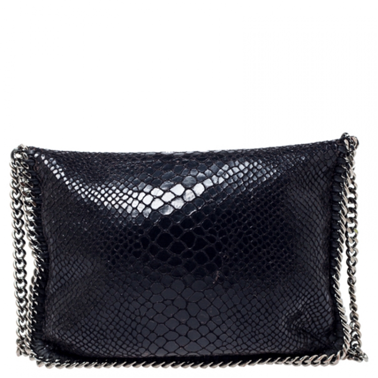 Pre Owned Stella McCartney Black Python Faux Leather Falabella Flap Bag    
