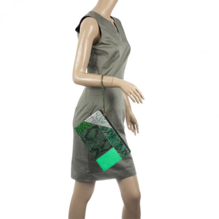 Pre Owned Stella McCartney Loretta 'Waverly' Exotic Skins Patchwork Green Clutch 