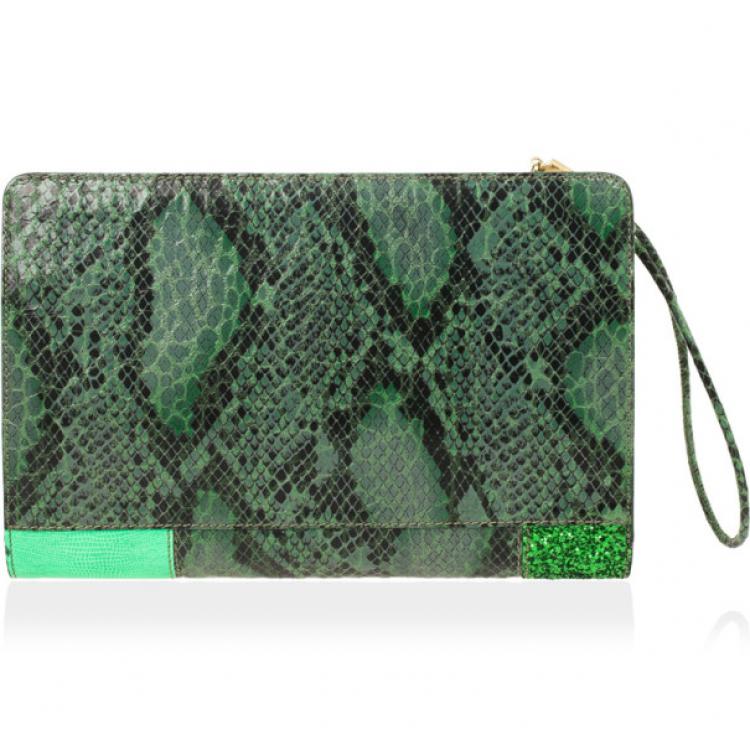 Pre Owned Stella McCartney Loretta 'Waverly' Exotic Skins Patchwork Green Clutch 