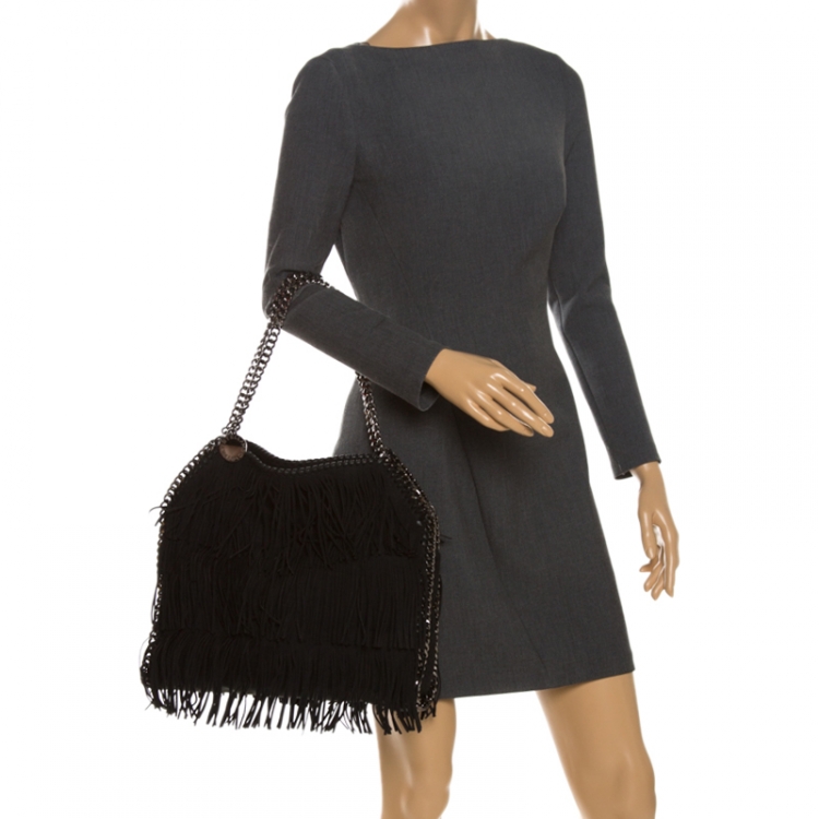 Pre Owned Stella McCartney Black Faux Suede Falabella Fringed Tote