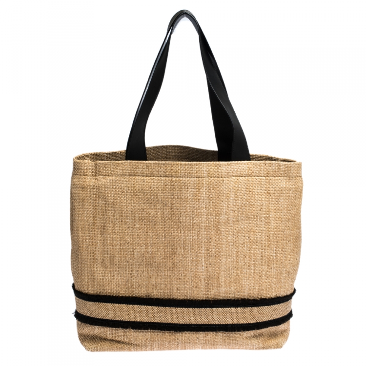 Pre Owned Stella McCartney Beige/Black Woven Raffia and Leather Logo Tote 