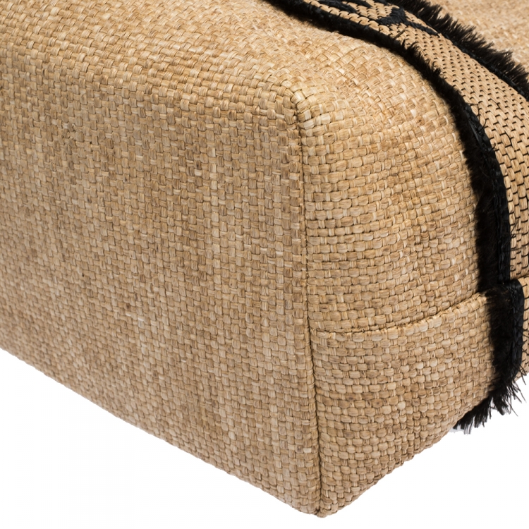 Pre Owned Stella McCartney Beige/Black Woven Raffia and Leather Logo Tote 