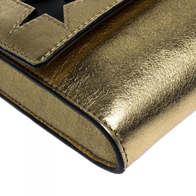 Pre Owned Stella McCartney Metallic Gold Faux Leather Star Flap Shoulder Bag