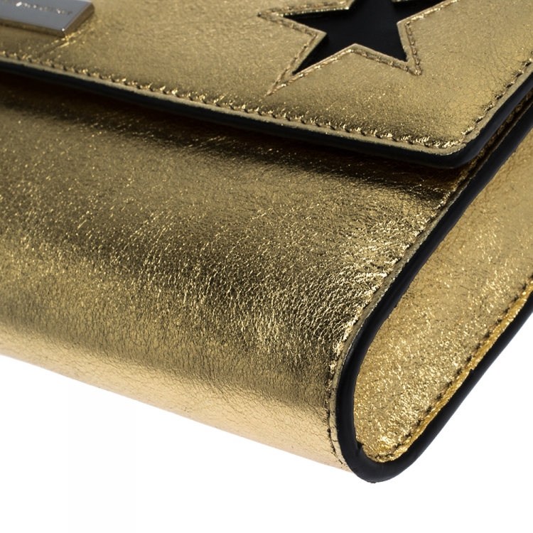 Pre Owned Stella McCartney Metallic Gold Faux Leather Star Flap Shoulder Bag