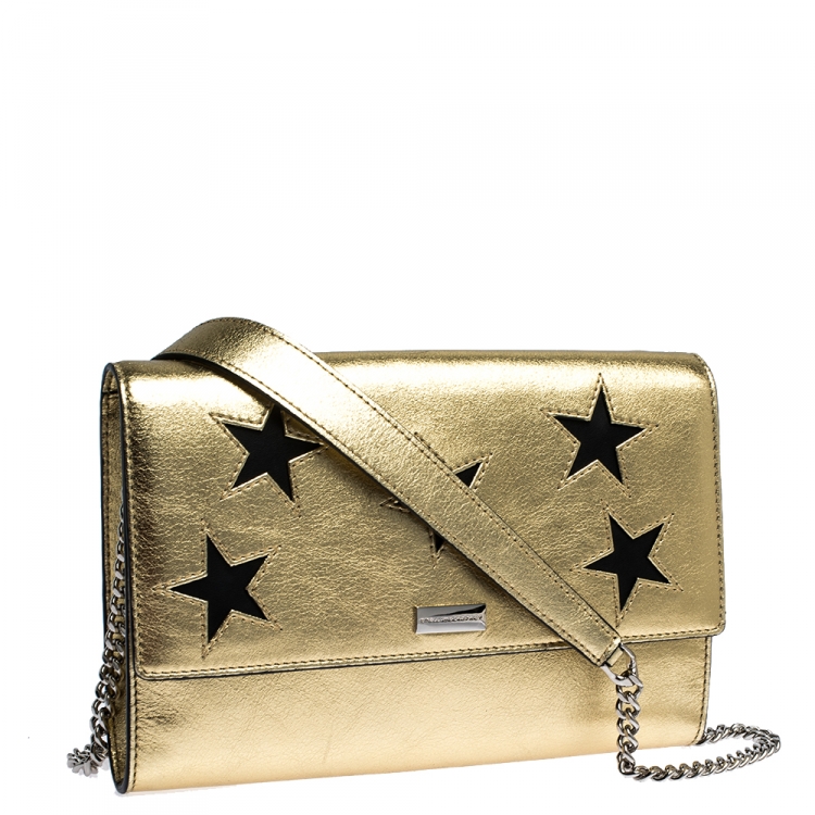 Pre Owned Stella McCartney Metallic Gold Faux Leather Star Flap Shoulder Bag