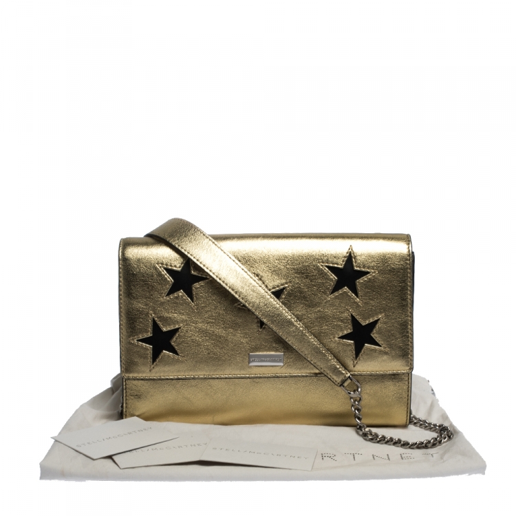Pre Owned Stella McCartney Metallic Gold Faux Leather Star Flap Shoulder Bag