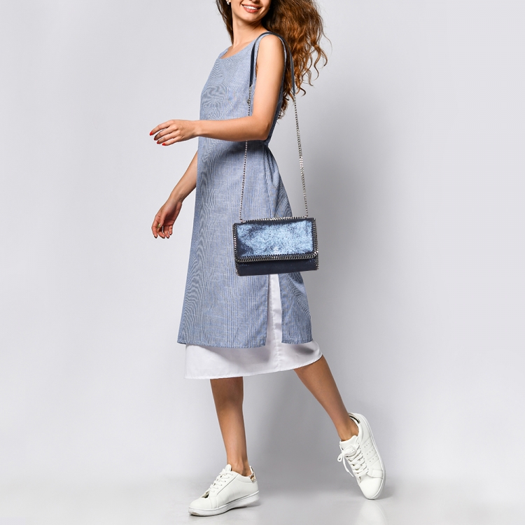 Pre Owned Stella McCartney Metallic Blue Faux Suede Falabella Flap Shoulder Bag