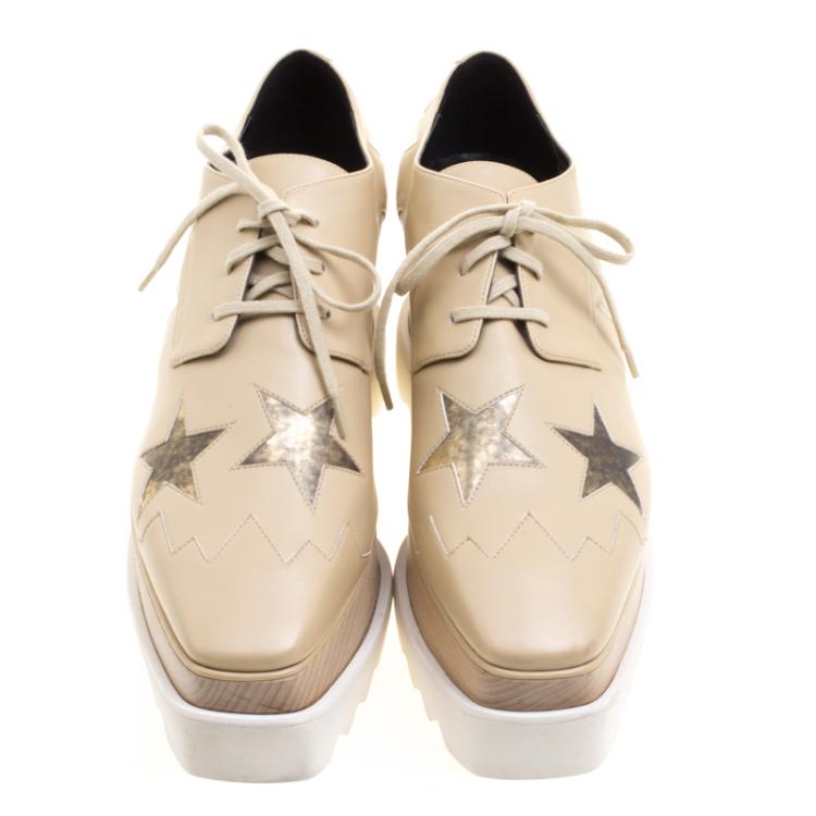Pre Owned Stella McCartney Beige Faux Leather Elyse Star Platform Lace Up Derby Size 38