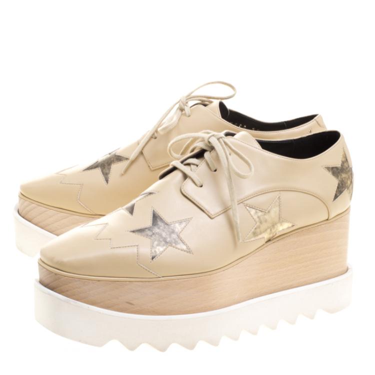 Pre Owned Stella McCartney Beige Faux Leather Elyse Star Platform Lace Up Derby Size 38