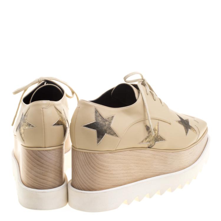 Pre Owned Stella McCartney Beige Faux Leather Elyse Star Platform Lace Up Derby Size 38