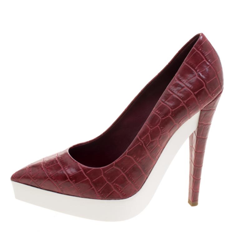 Pre Owned Stella McCartney Red Croc Embossed Faux Leather Platform Pumps Size 39