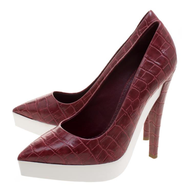 Pre Owned Stella McCartney Red Croc Embossed Faux Leather Platform Pumps Size 39