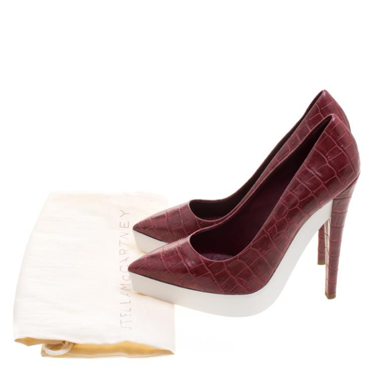 Pre Owned Stella McCartney Red Croc Embossed Faux Leather Platform Pumps Size 39