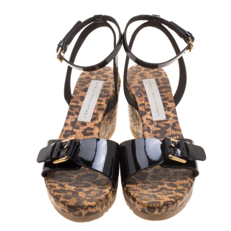 Pre Owned Stella McCartney Black Faux Patent Leather Linda Leopard Print Cork Wedge Sandals Size 38