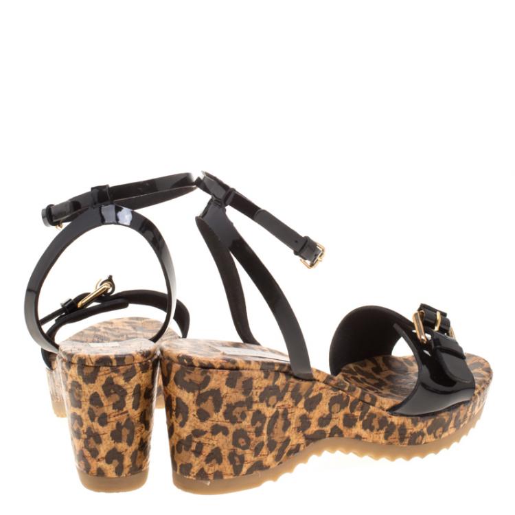 Pre Owned Stella McCartney Black Faux Patent Leather Linda Leopard Print Cork Wedge Sandals Size 38