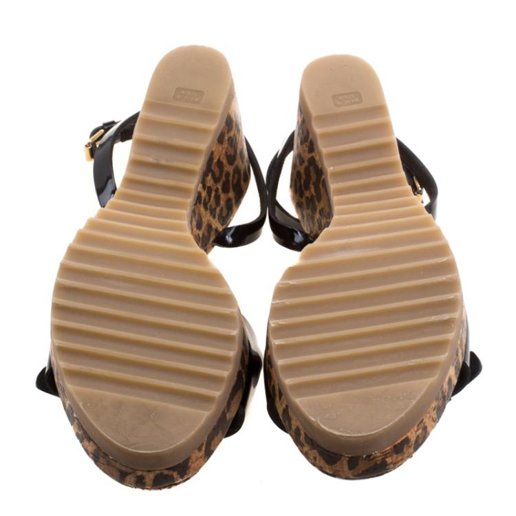 Pre Owned Stella McCartney Black Faux Patent Leather Linda Leopard Print Cork Wedge Sandals Size 38