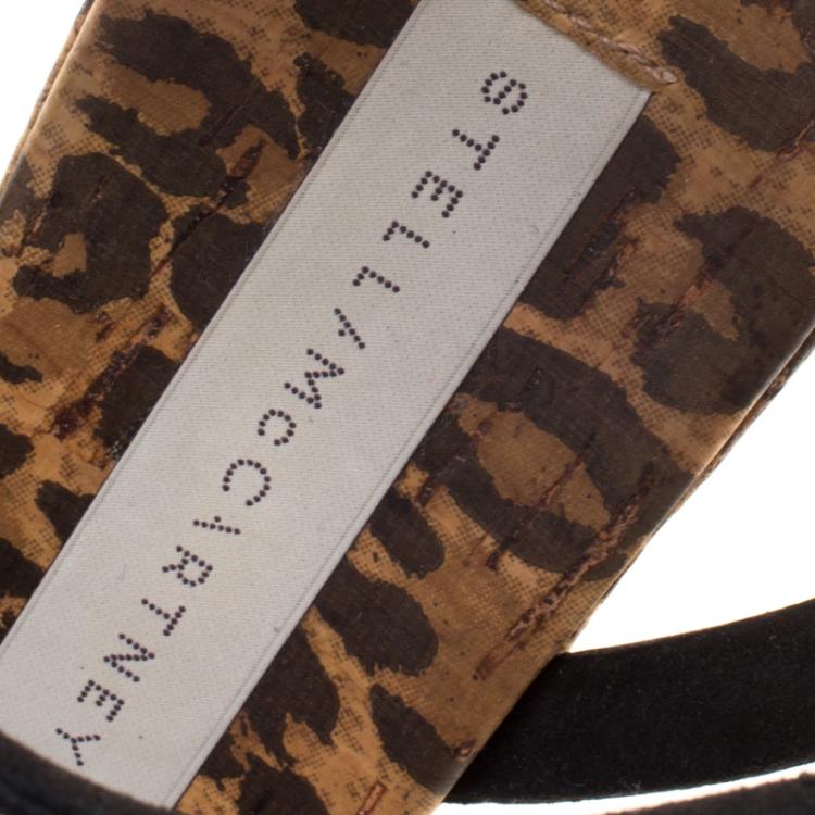 Pre Owned Stella McCartney Black Faux Patent Leather Linda Leopard Print Cork Wedge Sandals Size 38