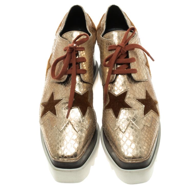 Pre Owned Stella McCartney Metallic Gold Python Effect Faux Leather and Faux Fur Elyse Star Platform Derby Size 38