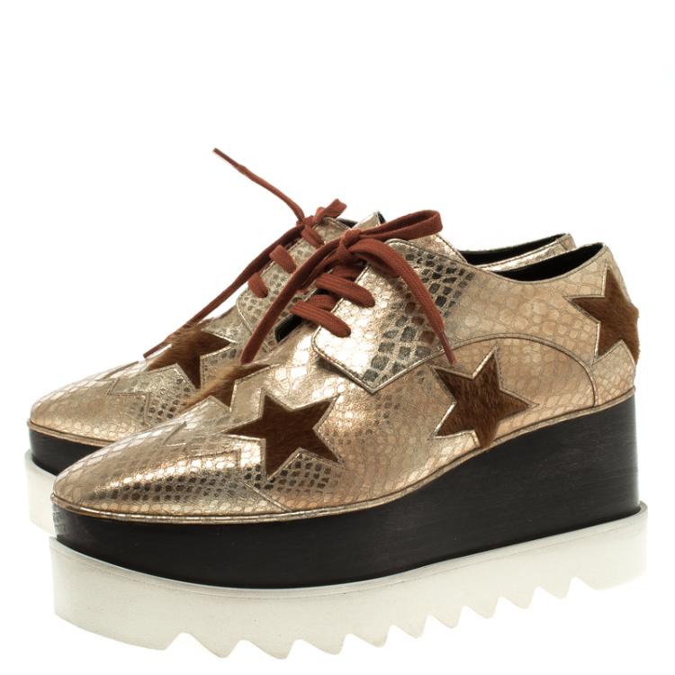 Pre Owned Stella McCartney Metallic Gold Python Effect Faux Leather and Faux Fur Elyse Star Platform Derby Size 38