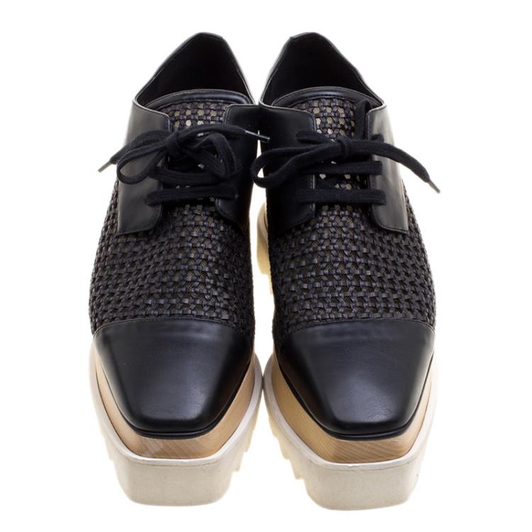 Pre Owned Stella McCartney Black Woven Faux Leather Canyon Wicker Elyse Platform Brogues Size 36.5