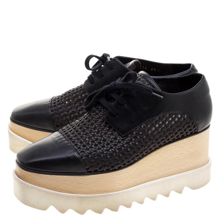 Pre Owned Stella McCartney Black Woven Faux Leather Canyon Wicker Elyse Platform Brogues Size 36.5