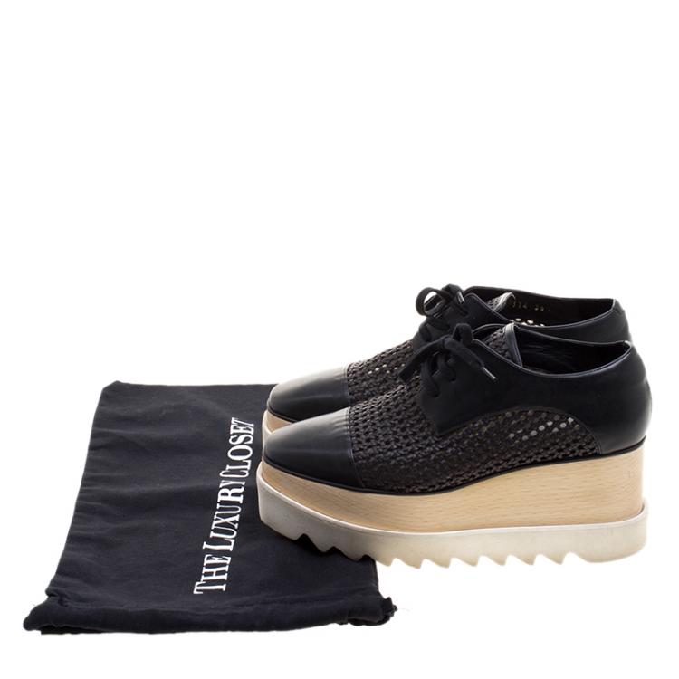Pre Owned Stella McCartney Black Woven Faux Leather Canyon Wicker Elyse Platform Brogues Size 36.5