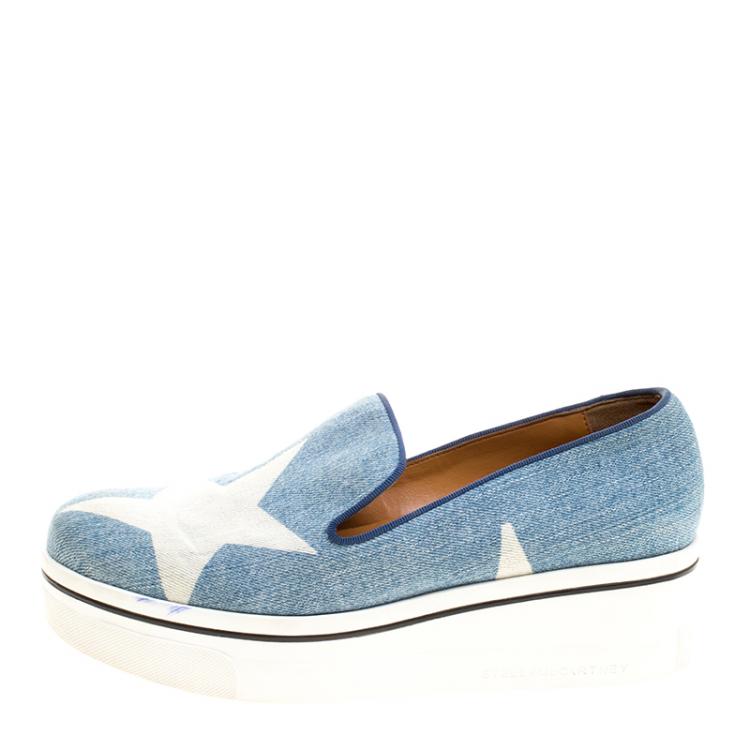 Pre Owned Stella McCartney Light Wash Star Printed Denim Binx Platform Slip On Sneakers Size 40