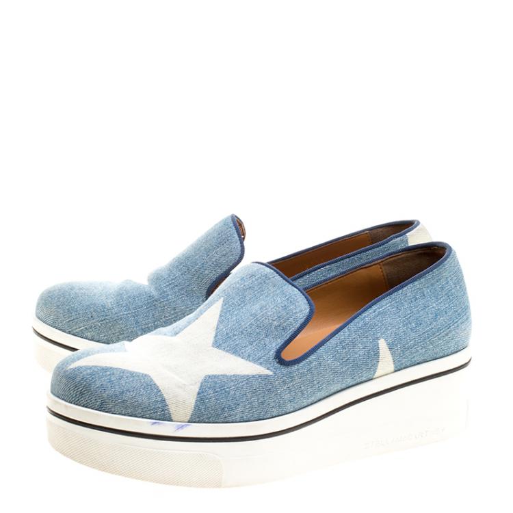 Pre Owned Stella McCartney Light Wash Star Printed Denim Binx Platform Slip On Sneakers Size 40