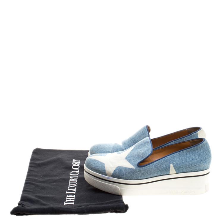 Pre Owned Stella McCartney Light Wash Star Printed Denim Binx Platform Slip On Sneakers Size 40